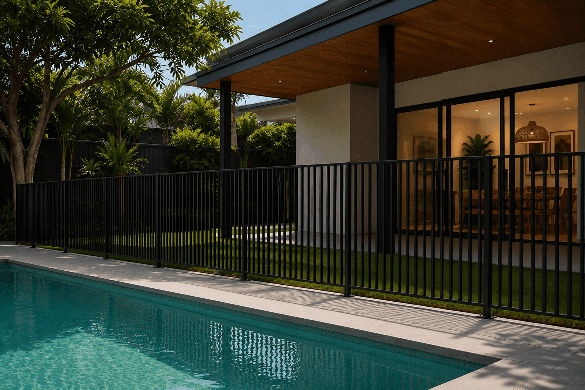 Black slimline pool fence at dusk by a modern Perth residence