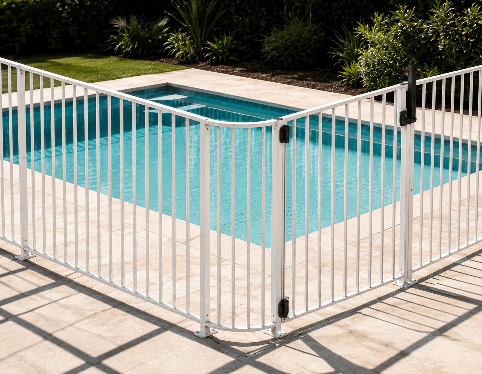 White slimline corner fence with gate hardware by a pool